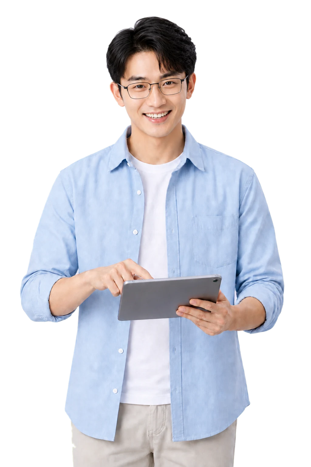年轻经营者手持平板，面向镜头露出明亮自信的笑容